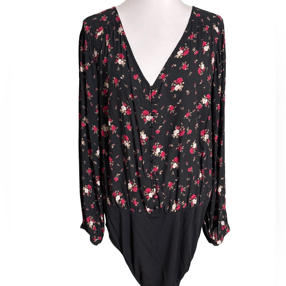 Torrid Black Floral V-Neck Bodysuit